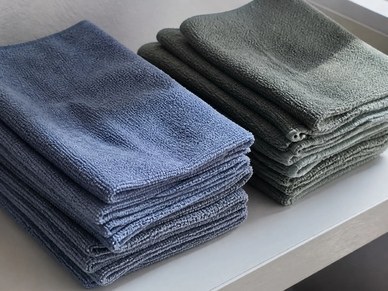 Microfibres pliées et rangées par couleur