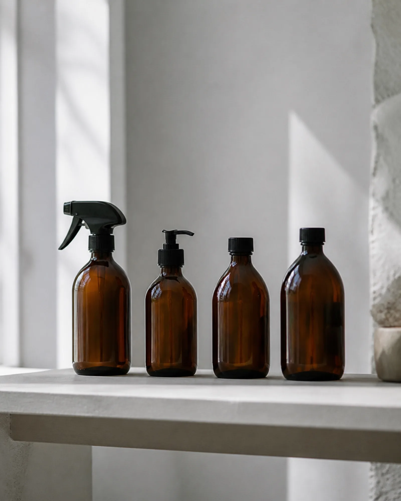 Produits d’entretien alignés sur une étagère