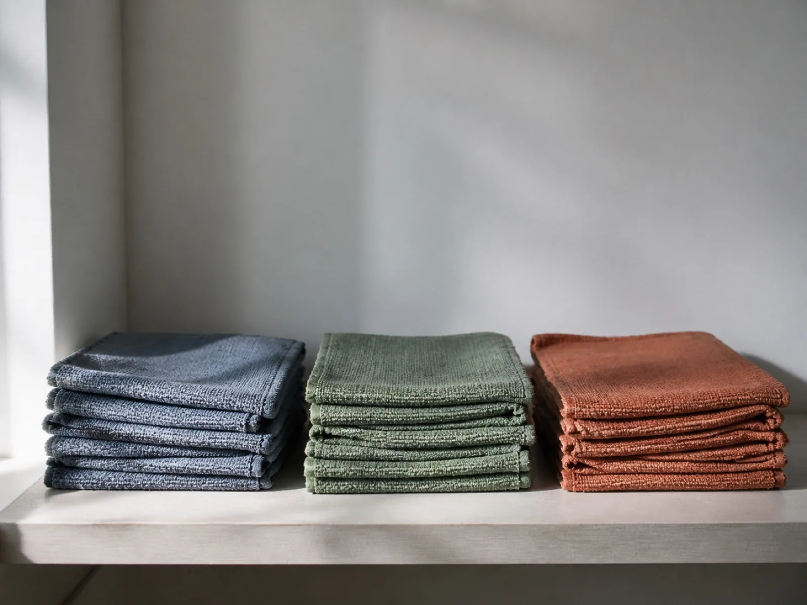 Microfibres pliées et rangées par couleur