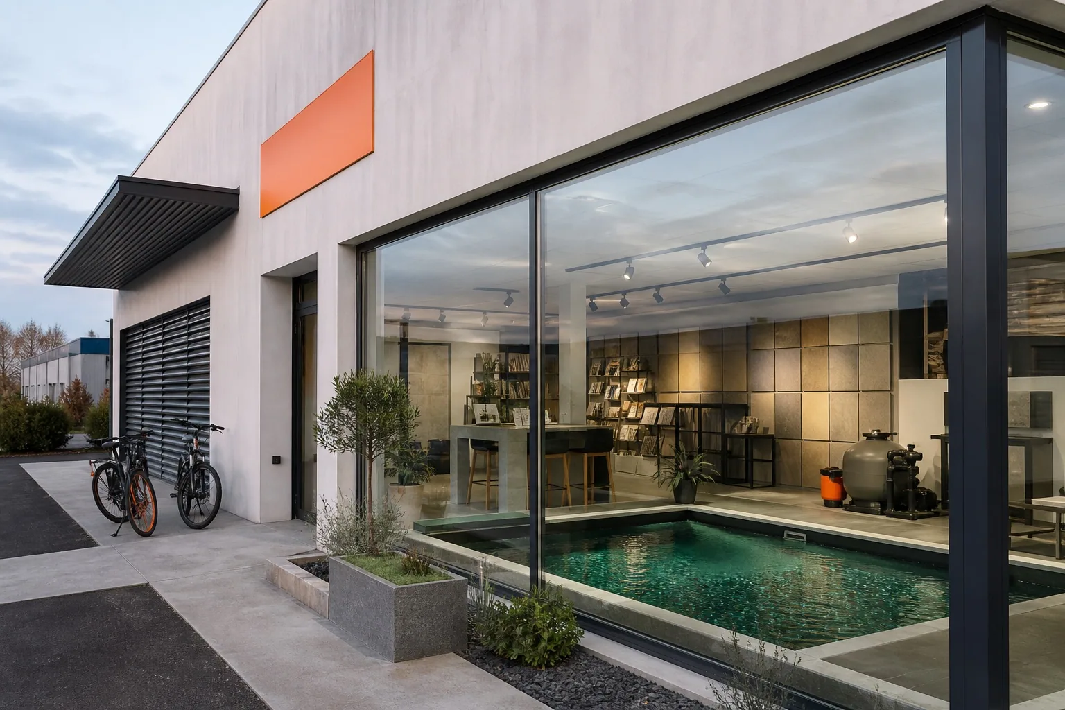 Façade vitrée du showroom piscine
