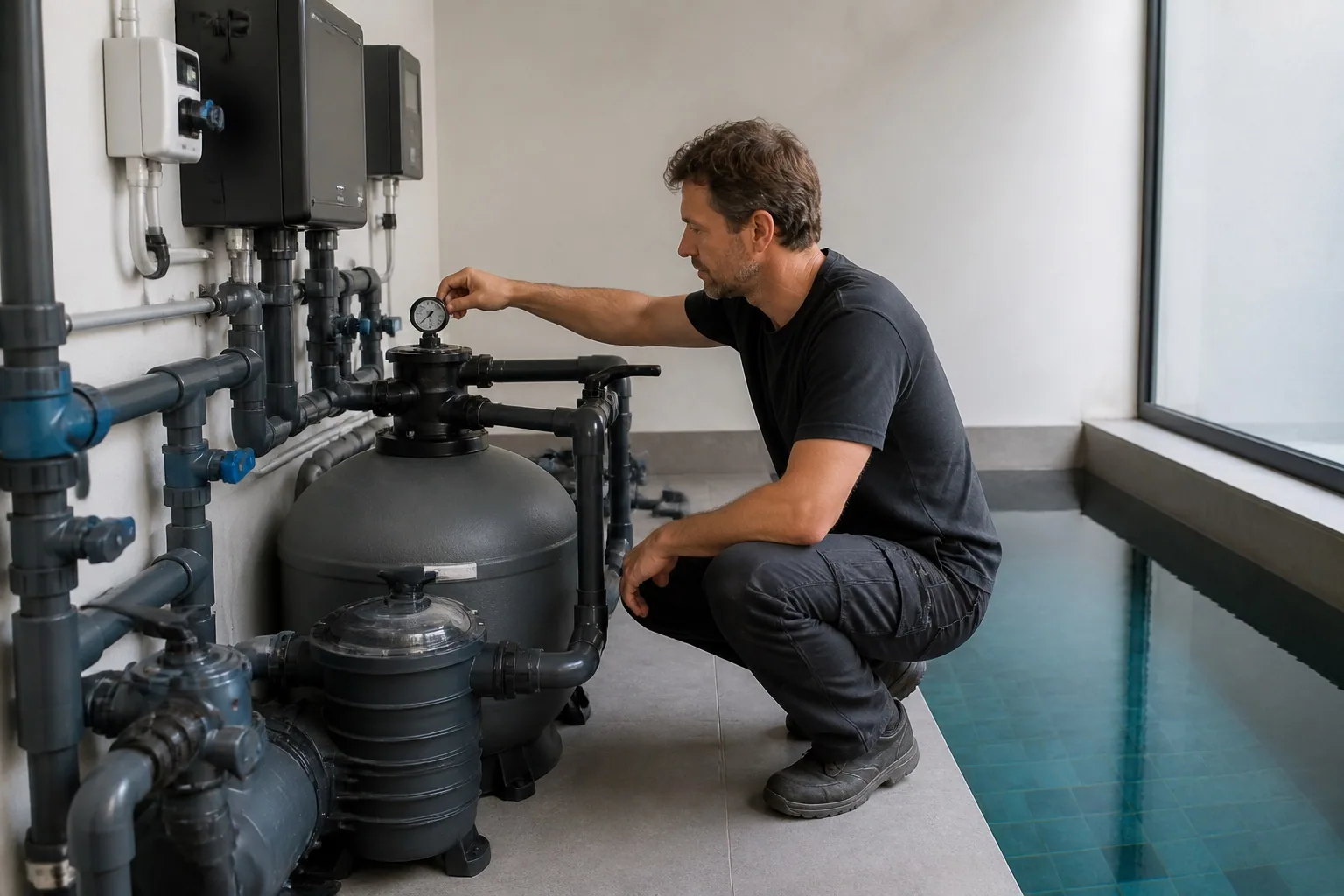Technicien contrôlant le local de filtration