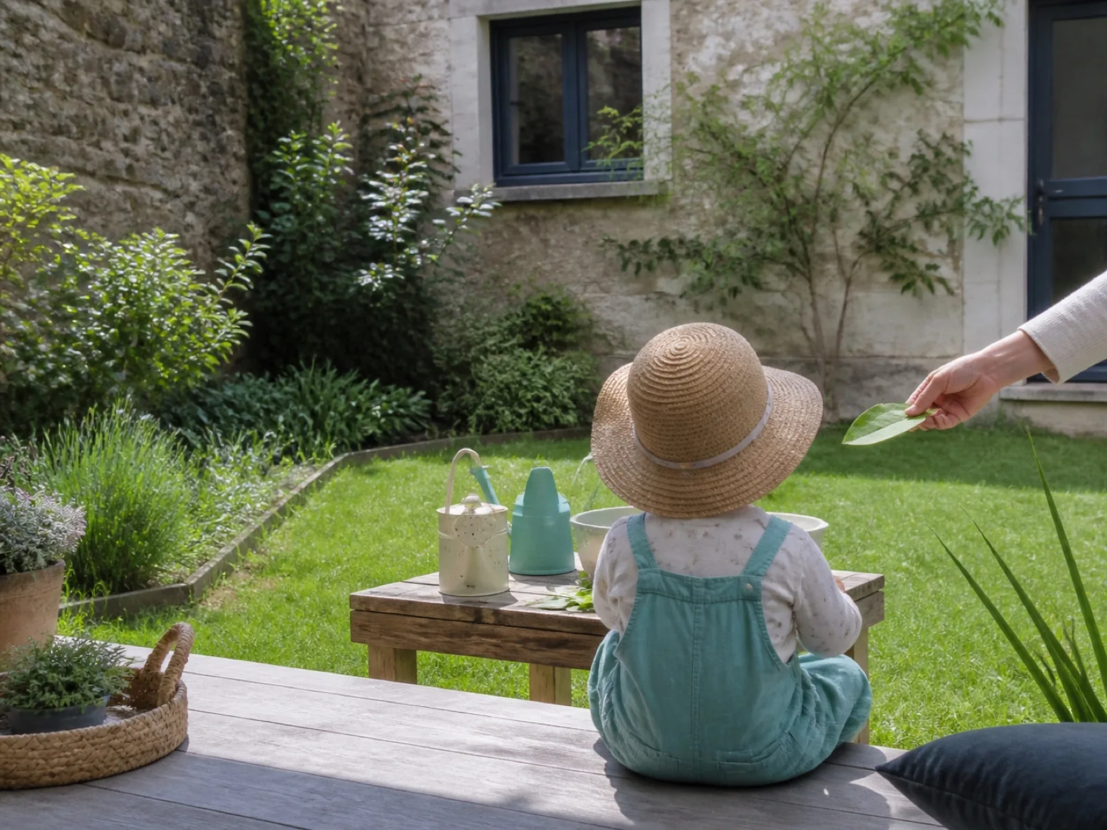 Jardin clos avec jeux discrets, sans enfant visible