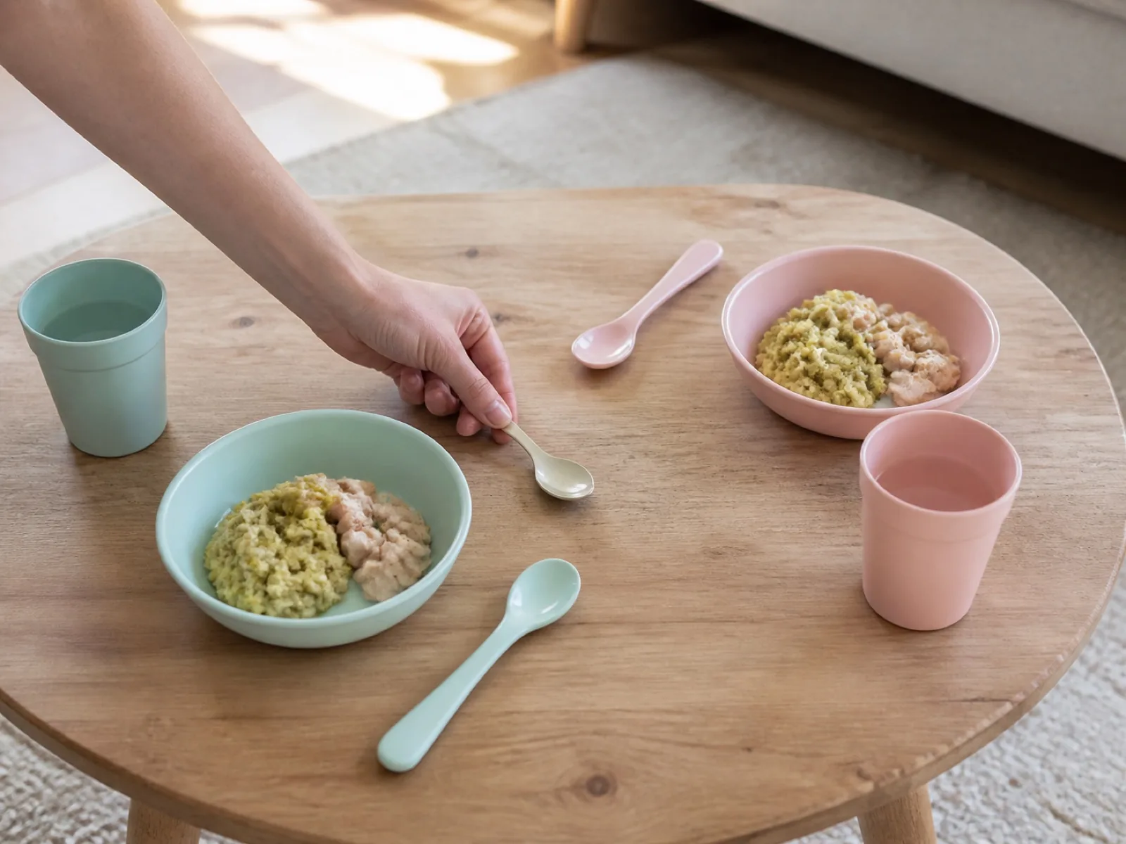 Repas simple servi dans une vaisselle aux teintes douces