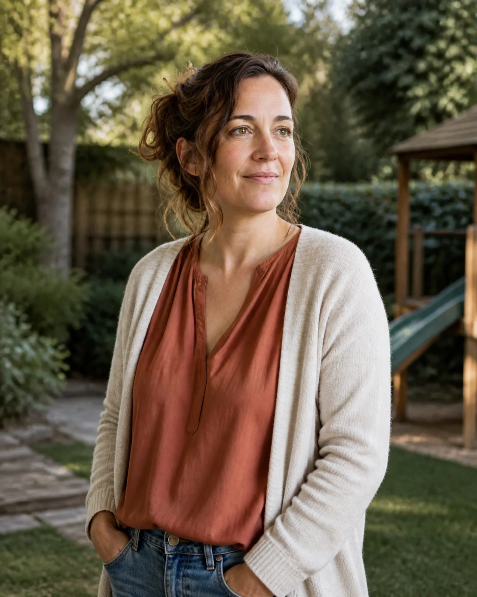Noémie veille aux jeux dans le jardin