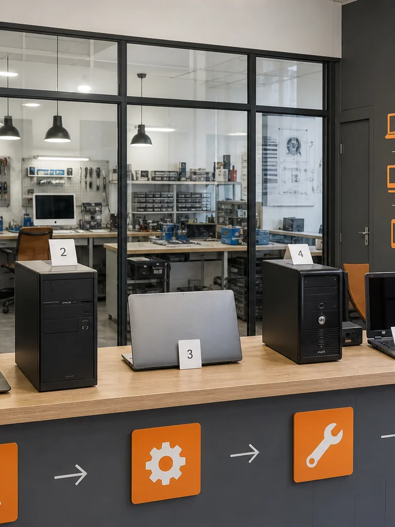 Comptoir d’un atelier de réparation informatique