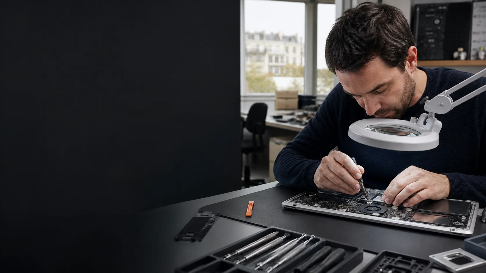 Technicien réparant un ordinateur portable sur un établi antistatique