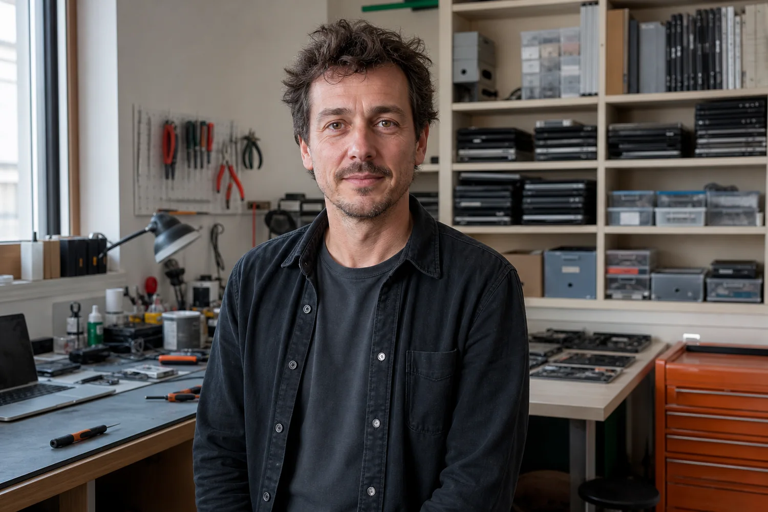 Julien Morel dans son atelier de réparation