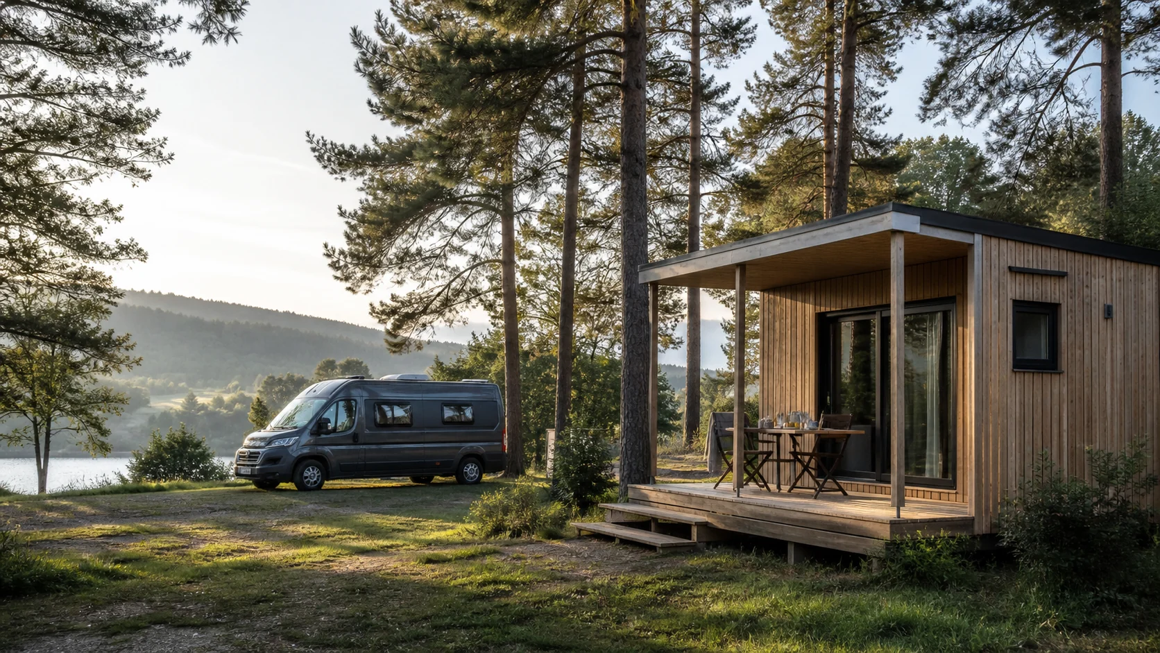Un van installé entre les pins près du lac