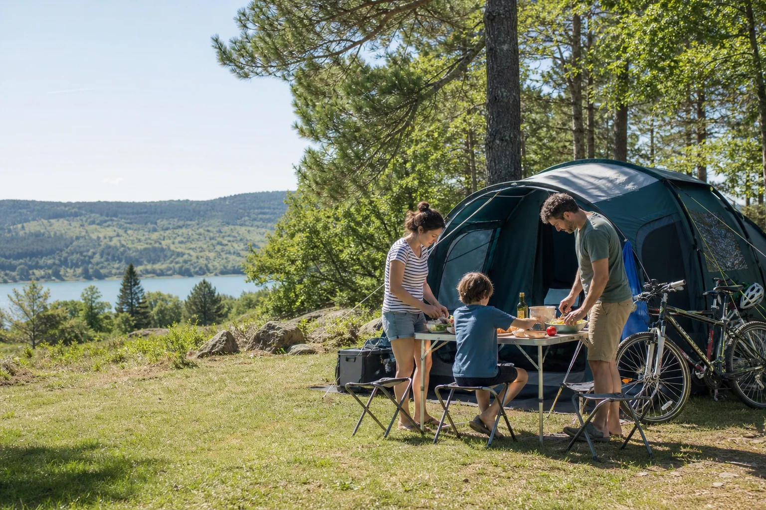 Une famille prépare un repas devant sa tente