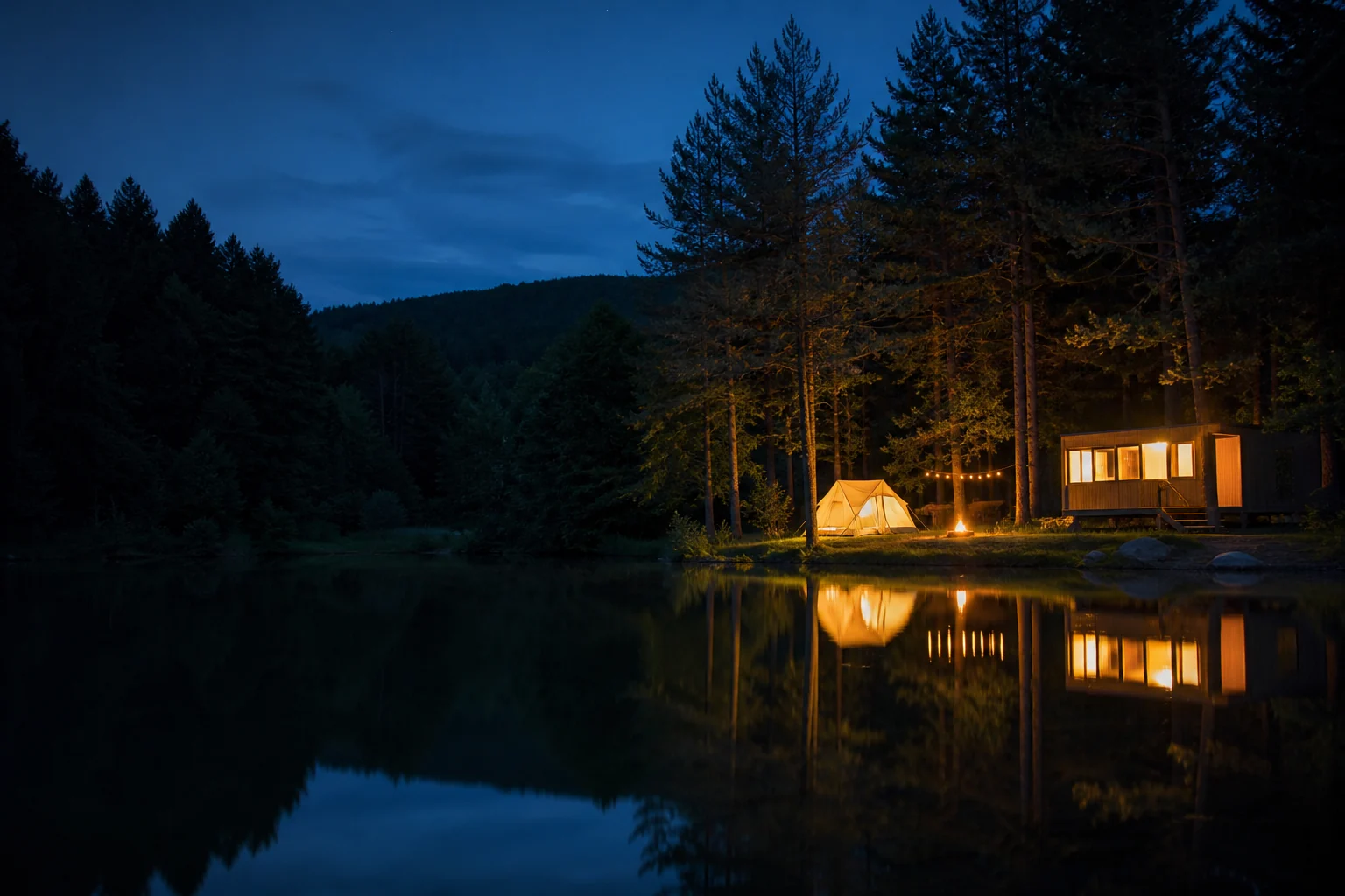 Un camping paisible au bord d’un lac dans la lumière bleue du soir