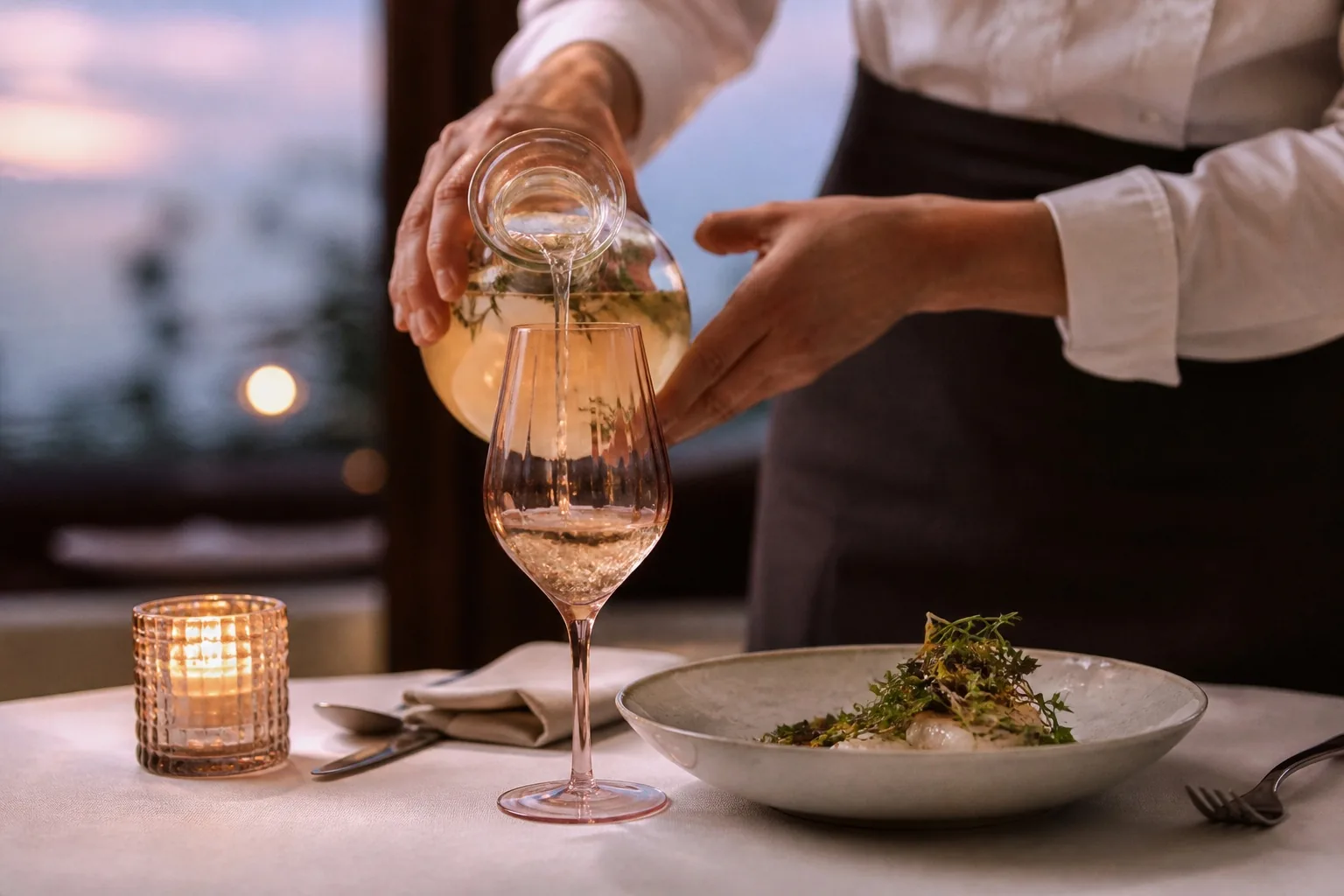 Accord botanique sans alcool servi dans un verre rose