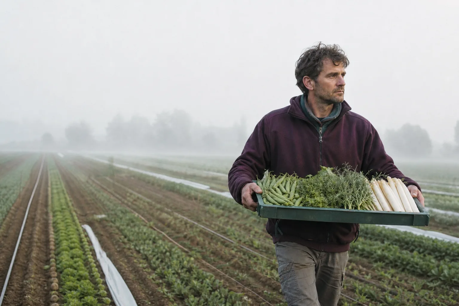 Maraîcher portant des asperges et des herbes
