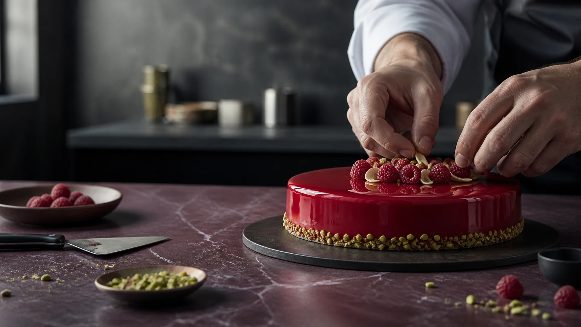 Finition d'un entremets framboise dans l'atelier PART BELLE