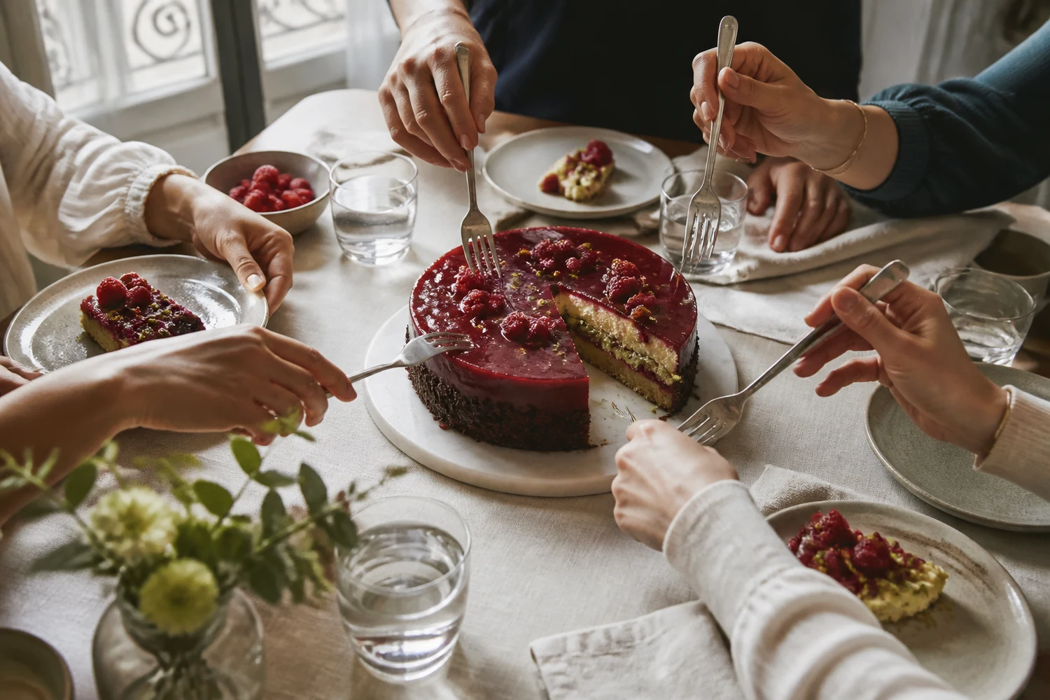 Gâteau partagé par huit convives