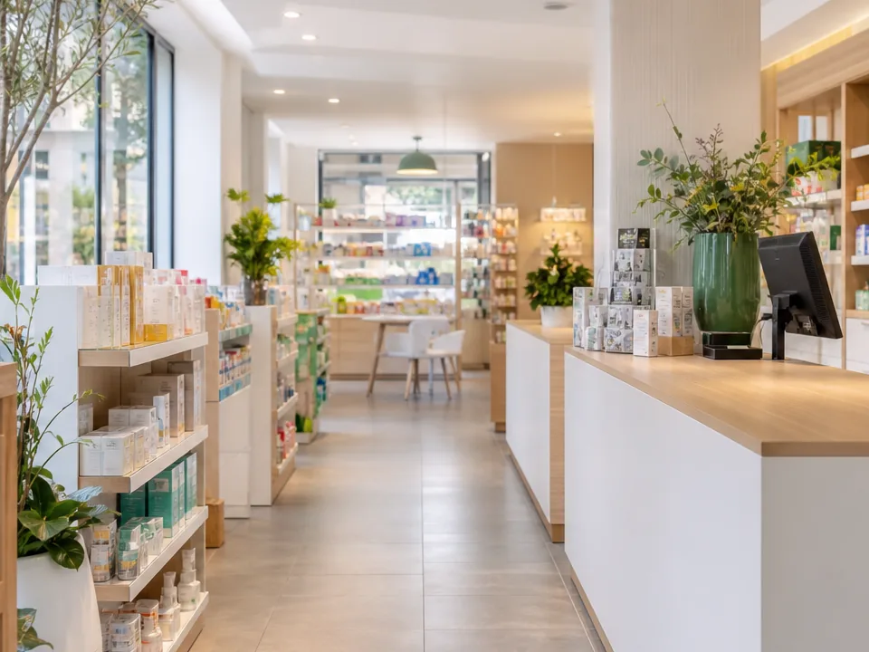 Intérieur lumineux d’une pharmacie de quartier