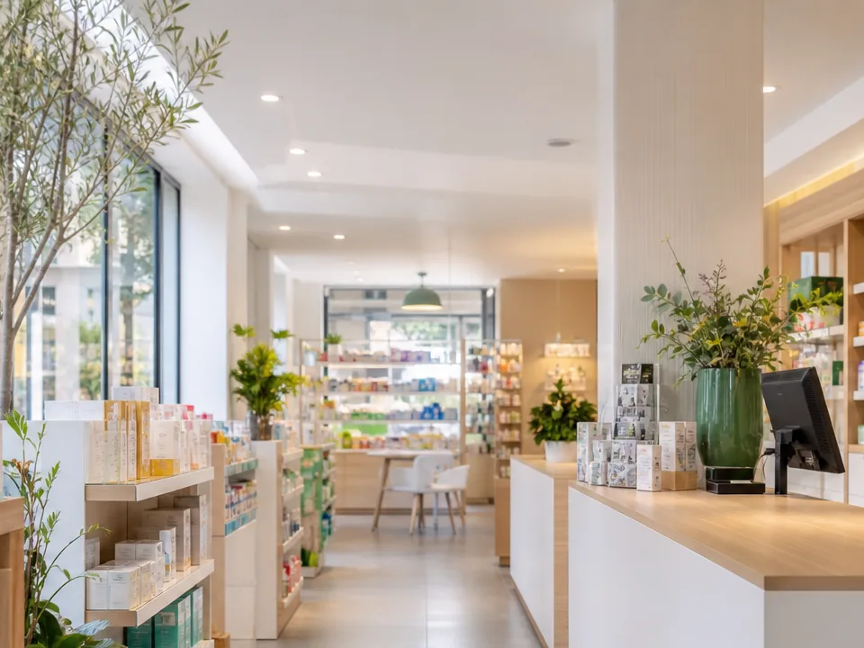 Comptoir clair dans une officine de ville