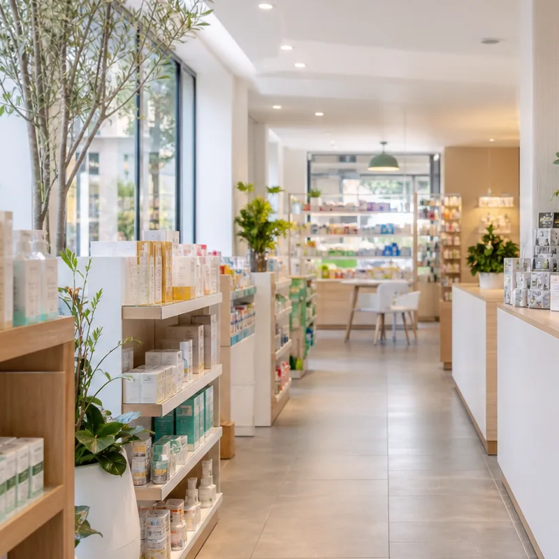 Vue calme d’un espace de pharmacie