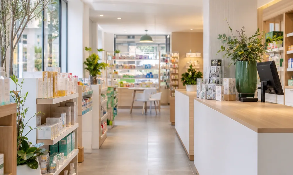 Allée principale d’une pharmacie lumineuse