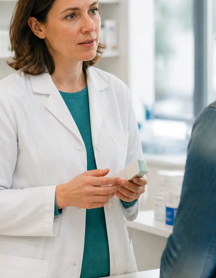 Échange attentif entre une pharmacienne et une cliente