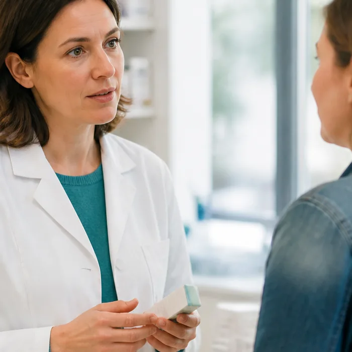 Pharmacienne à l’écoute au comptoir