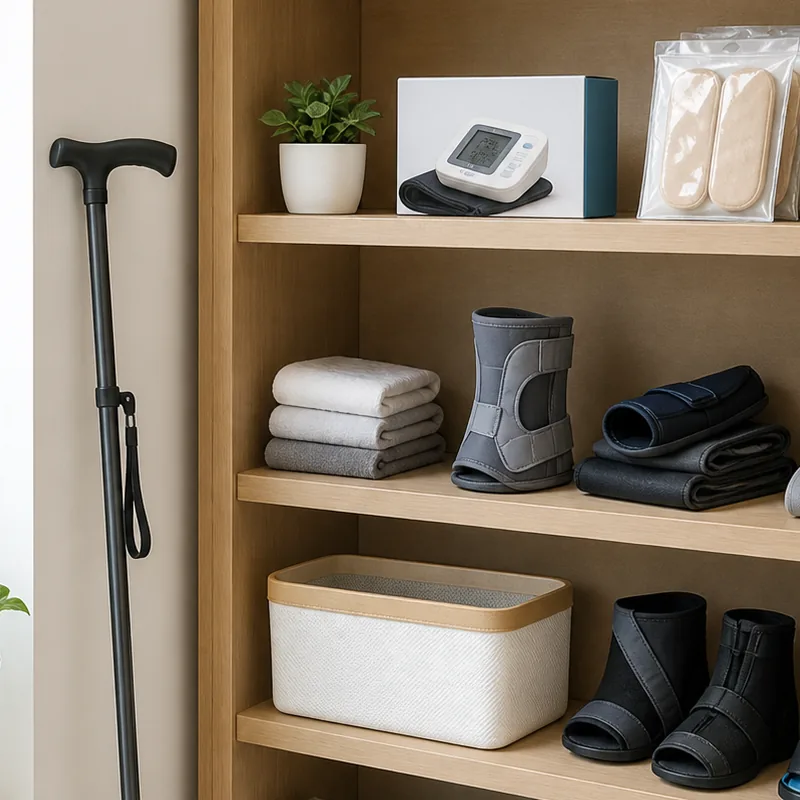 Accessoires et matériel de santé disposés sur une étagère