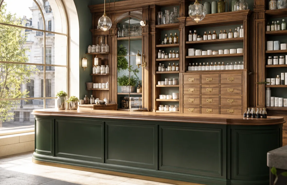Intérieur chaleureux d’une pharmacie avec comptoir vert et boiseries