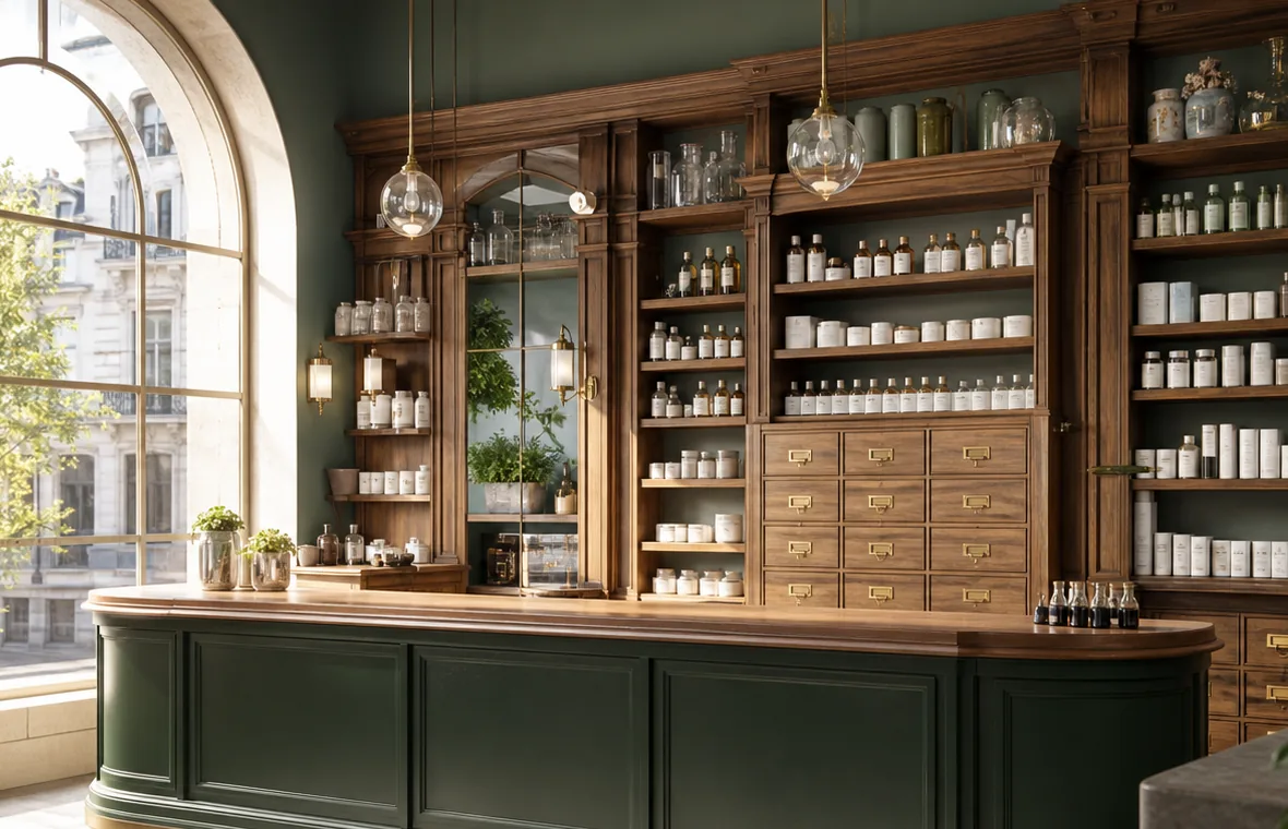 Boiseries et comptoir d’une officine contemporaine