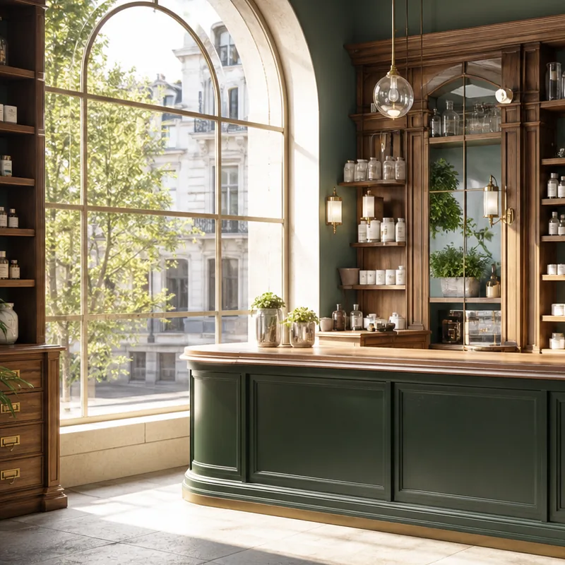 Comptoir vert et mobilier en bois