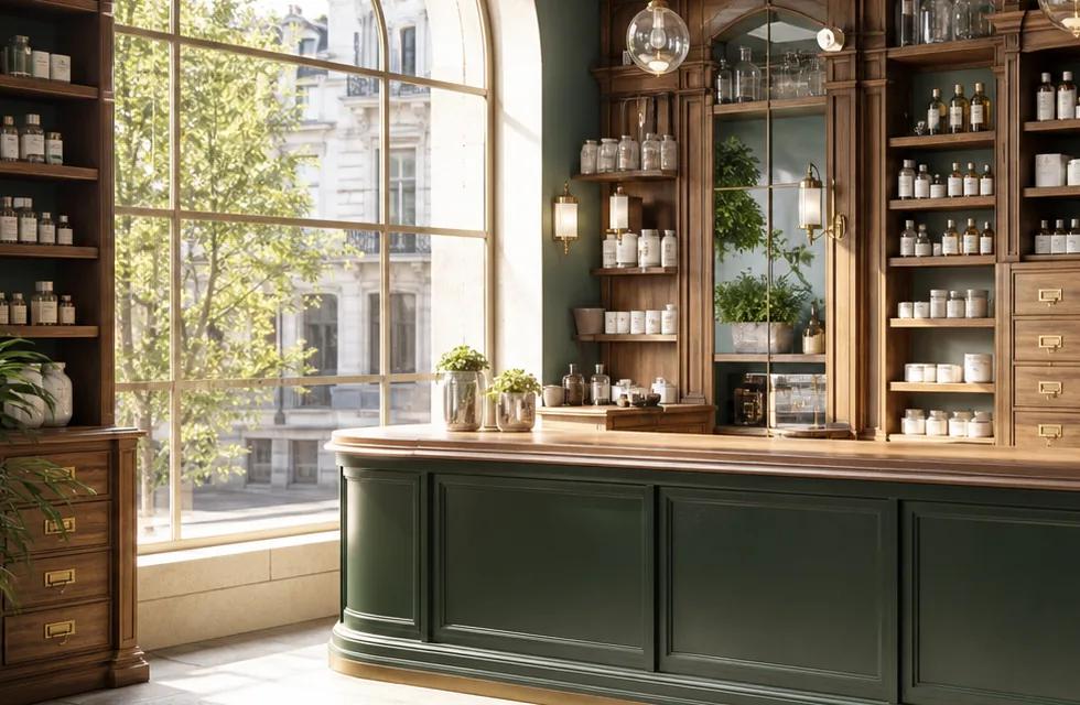 Rayonnages en bois et comptoir d’une officine