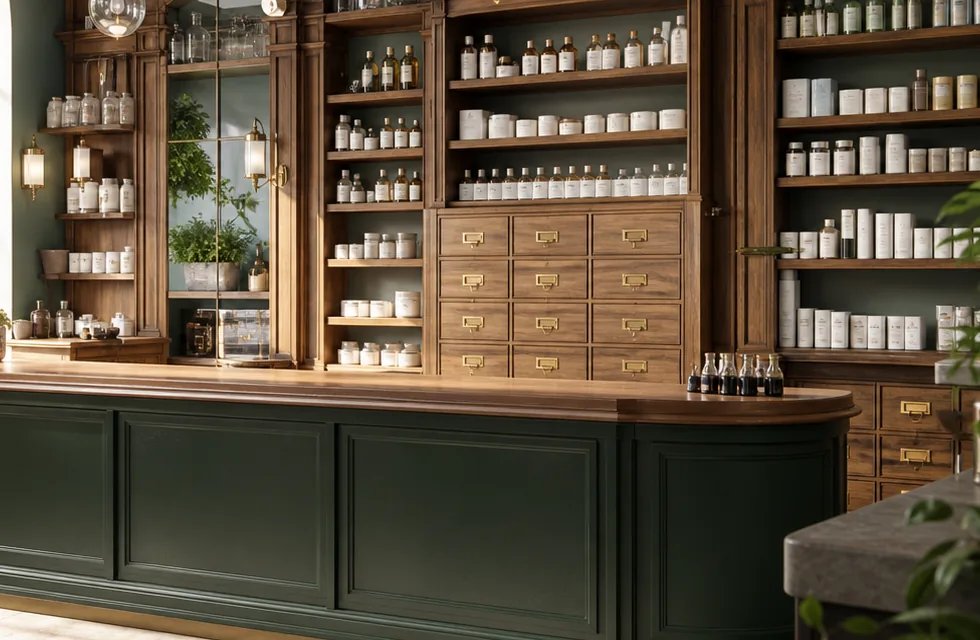 Comptoir et tiroirs d’une pharmacie contemporaine