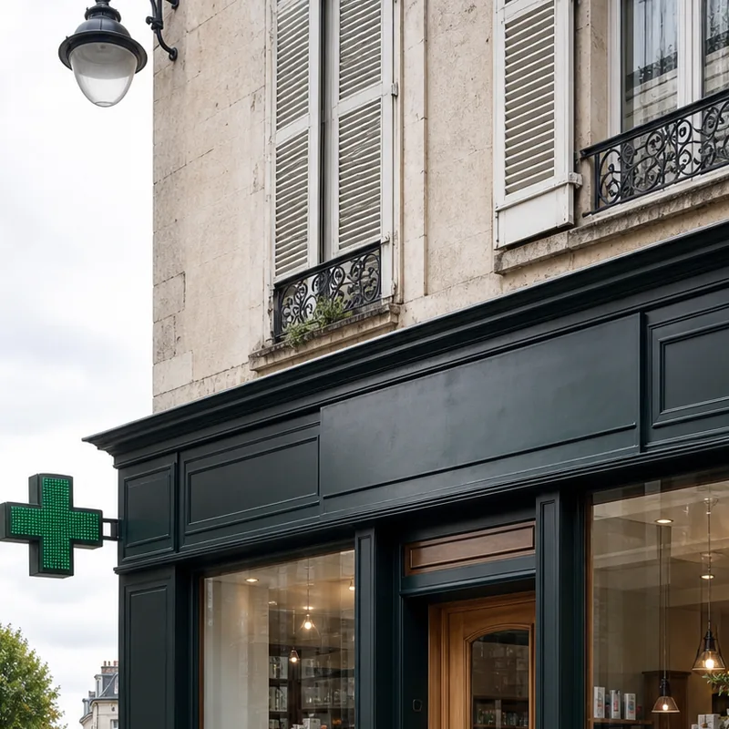 Façade sobre d’une pharmacie de ville fictive