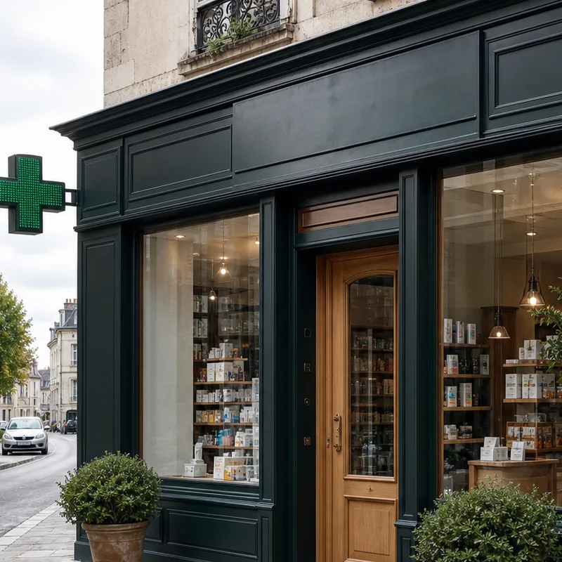 Façade sombre et porte en bois d’une pharmacie fictive