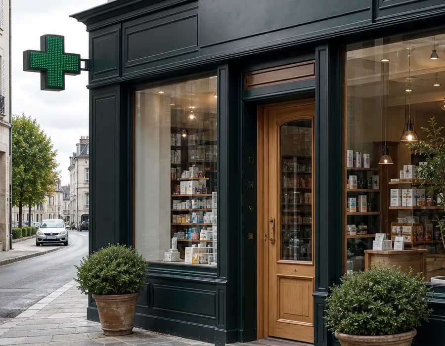 Détail de la devanture d’une pharmacie fictive