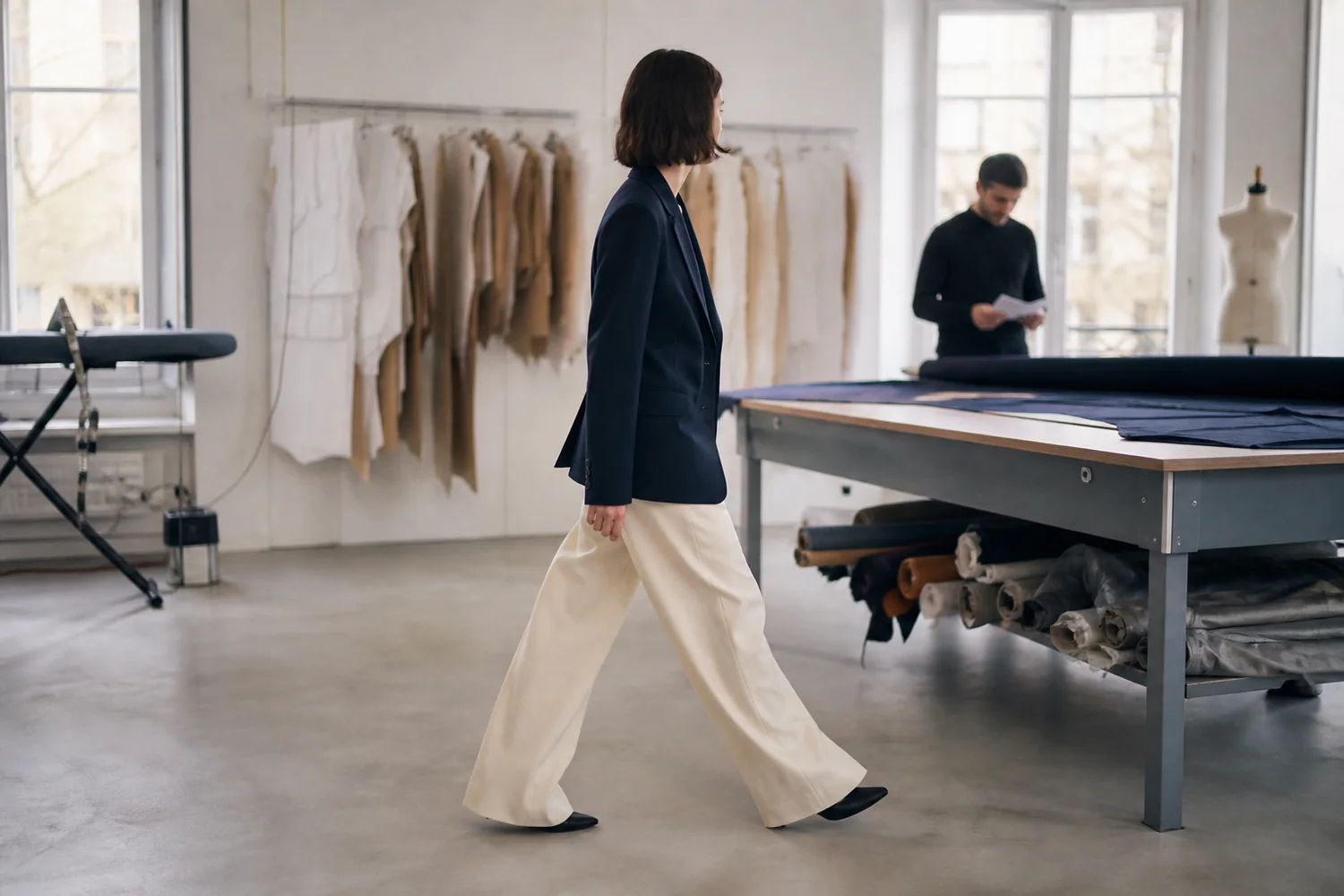 Cliente marchant dans l’atelier avec une veste au tombé ajusté