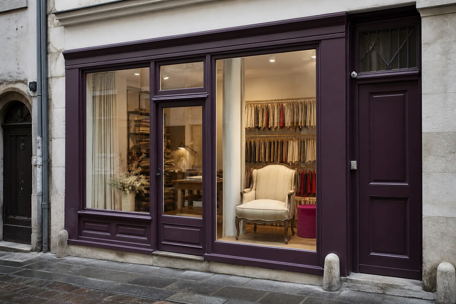 Façade aubergine de la boutique POINT D’APPUI à Lyon