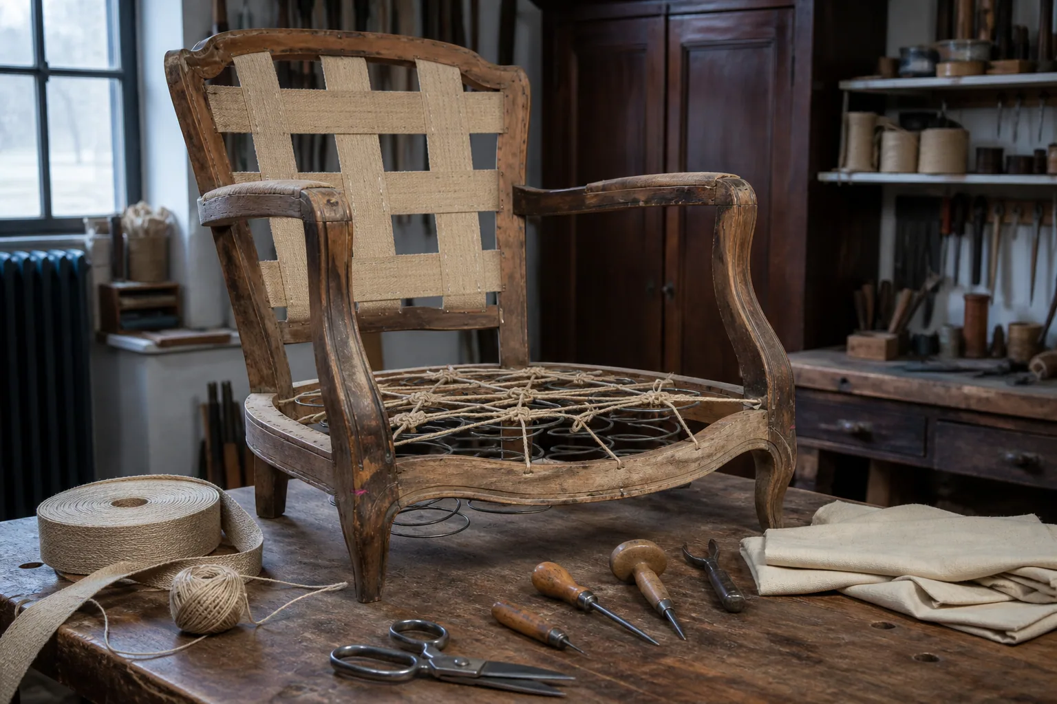 Carcasse et sanglage d’un fauteuil en réfection