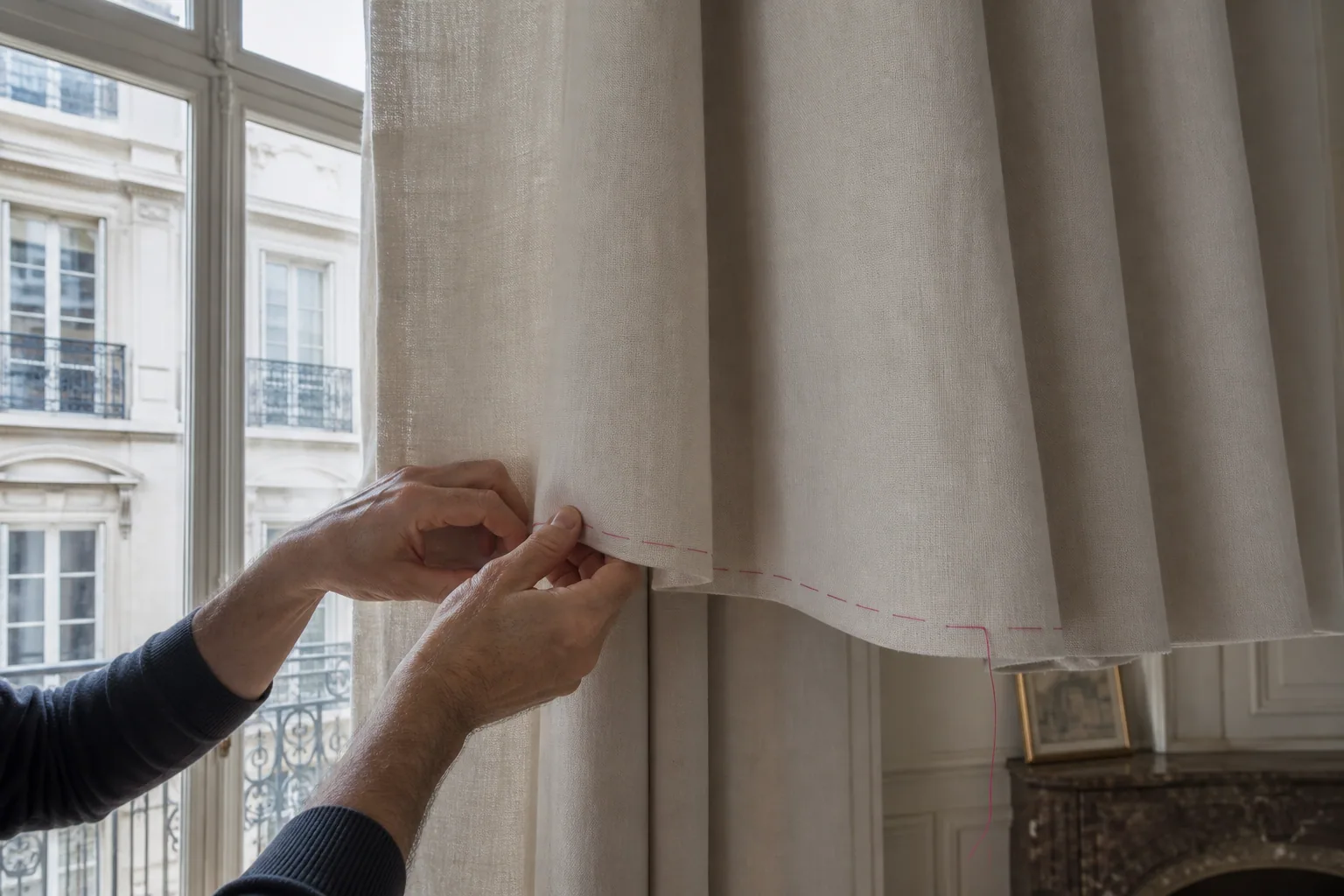 Ourlet d’un rideau en lin confectionné sur mesure
