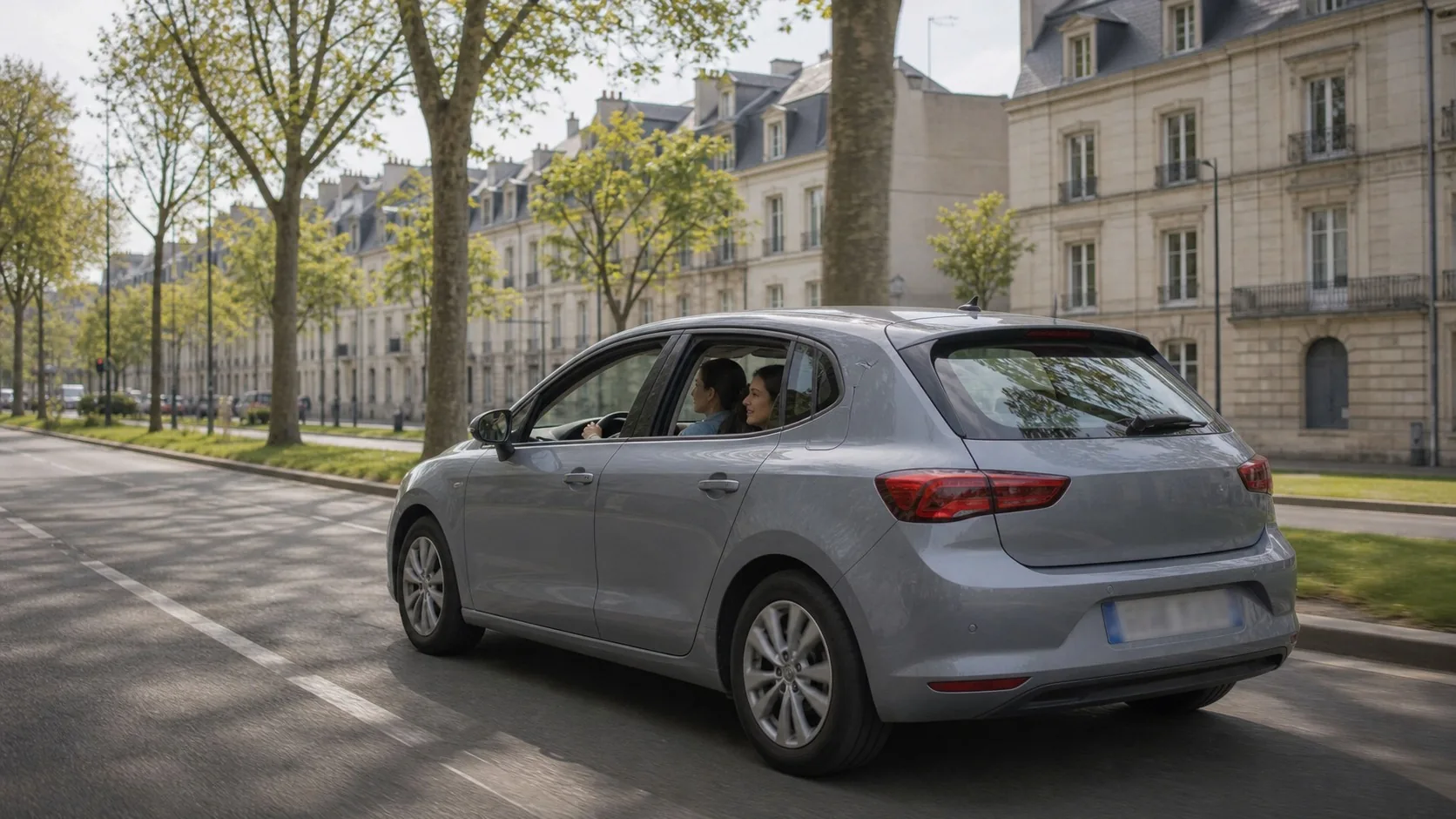 Leçon de conduite en circulation dans le centre d'Angers, élève au volant et monitrice à ses côtés