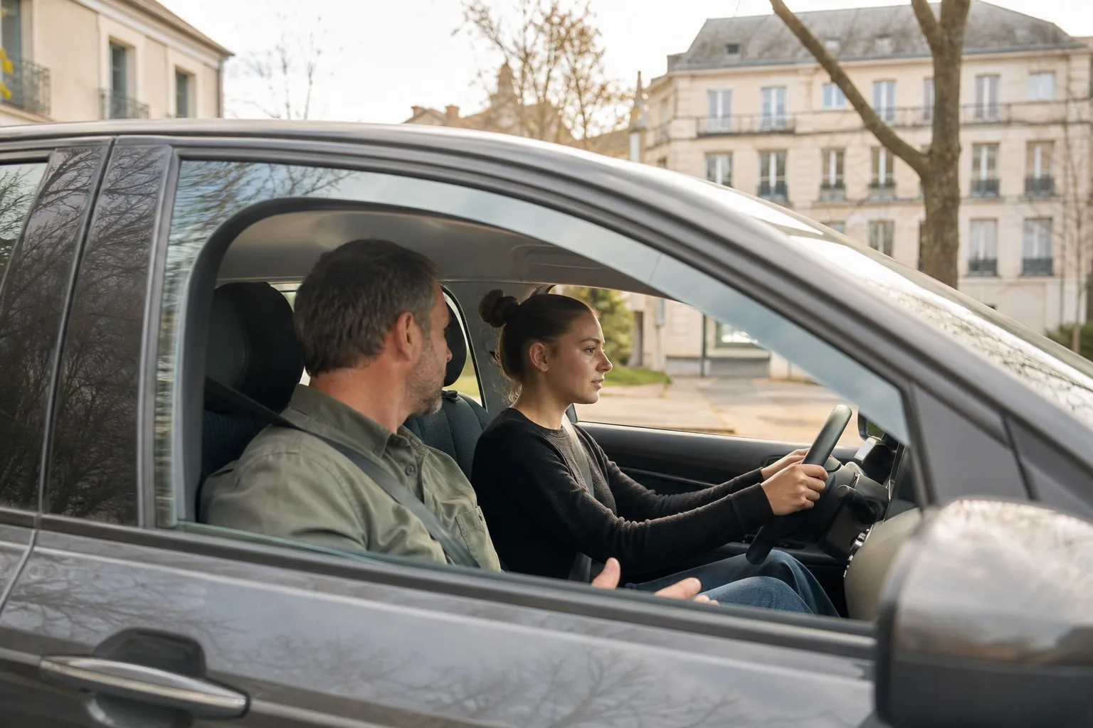 Jeune conductrice au volant de la voiture familiale, son père à la place du passager