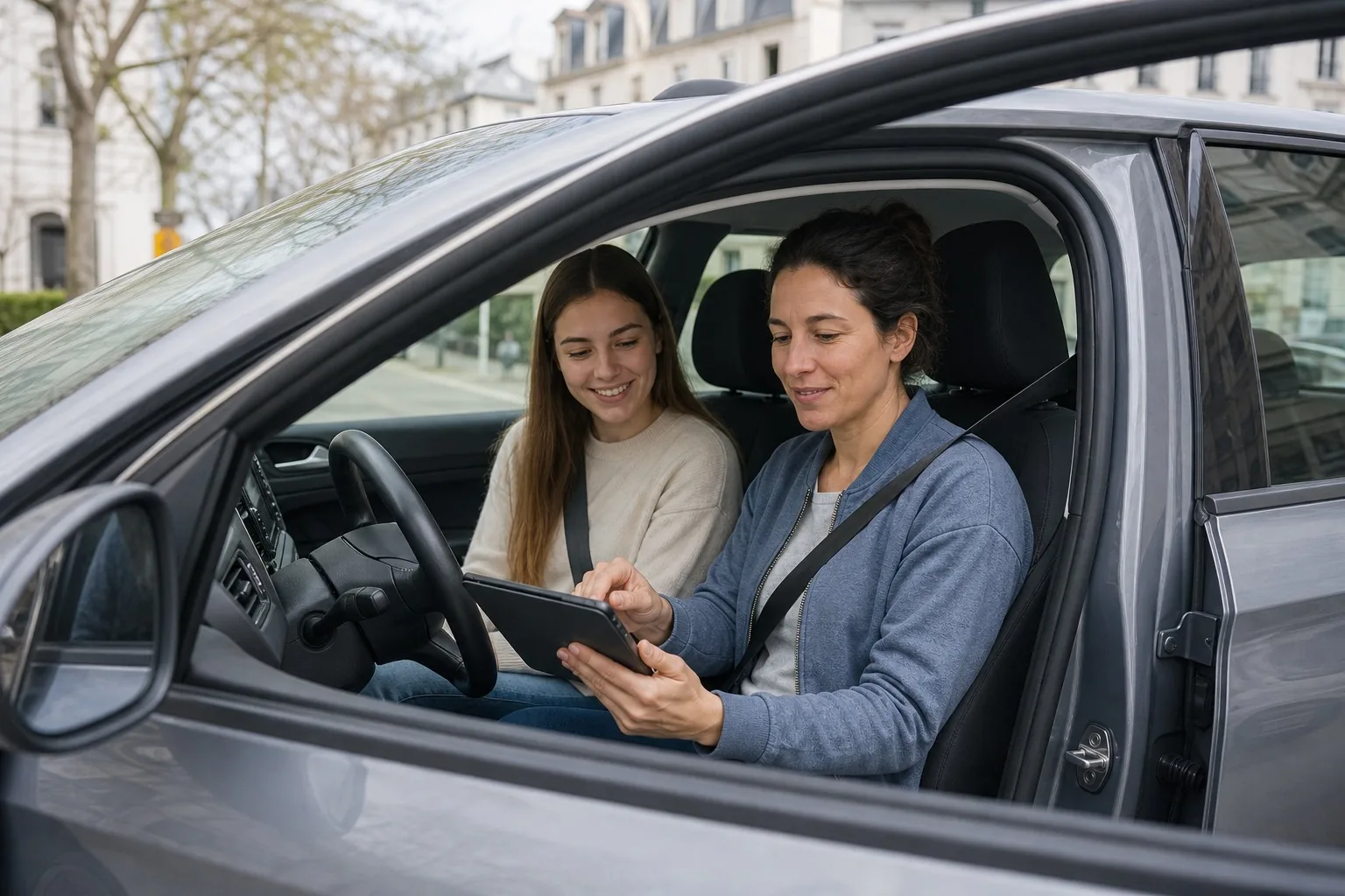 Monitrice commentant la fiche de progression avec une élève, à l'arrêt dans la voiture-école