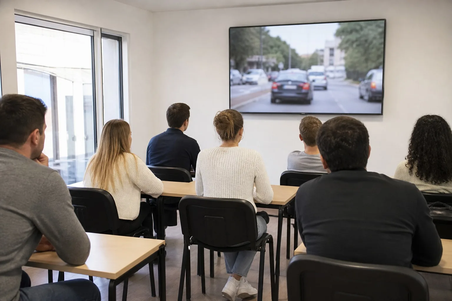 Élèves en séance de code dans la salle de formation, écran de questions au mur