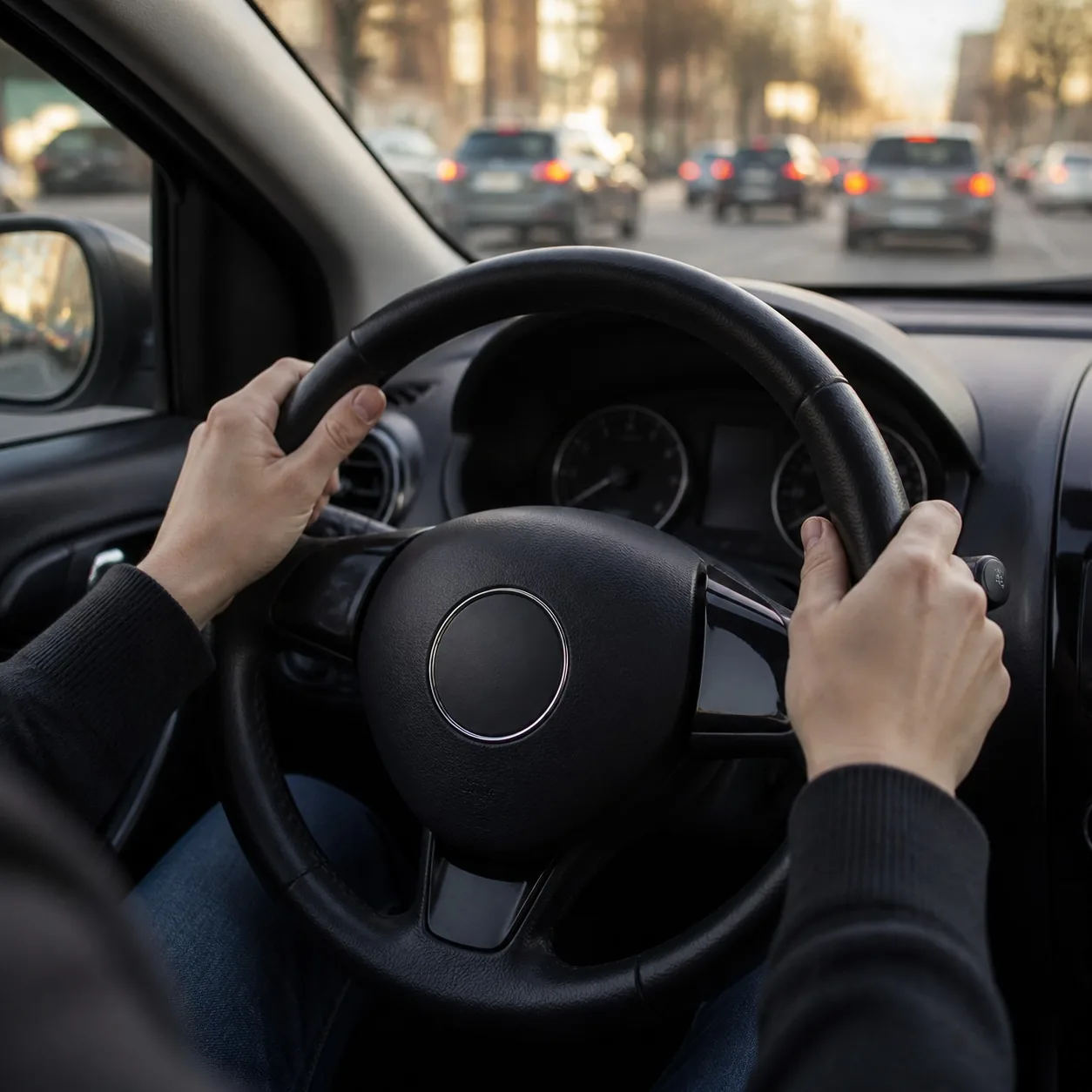 Poste de conduite : volant, rétroviseur et commandes bien réglés