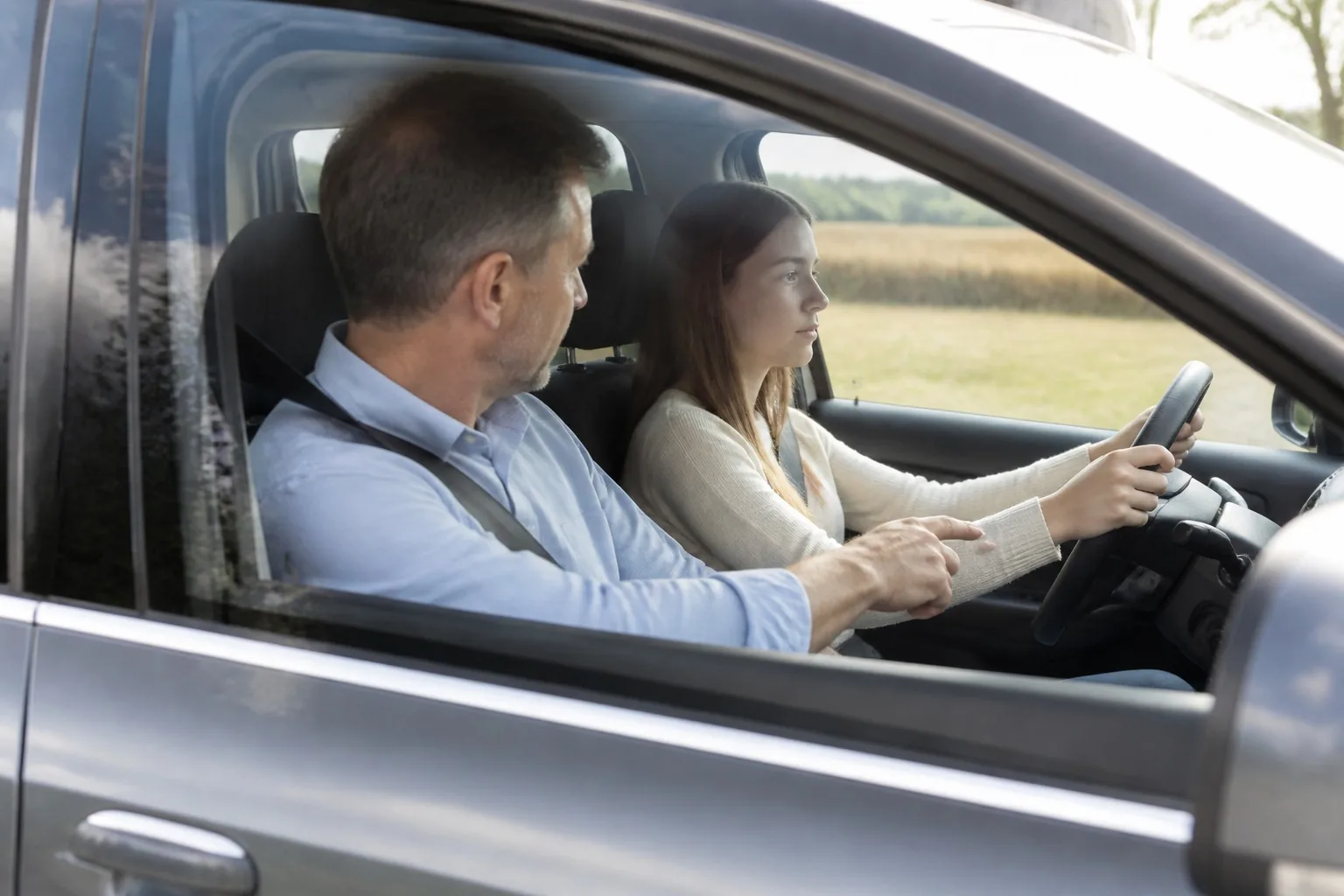 Jeune conductrice et son accompagnateur avant un trajet en conduite accompagnée