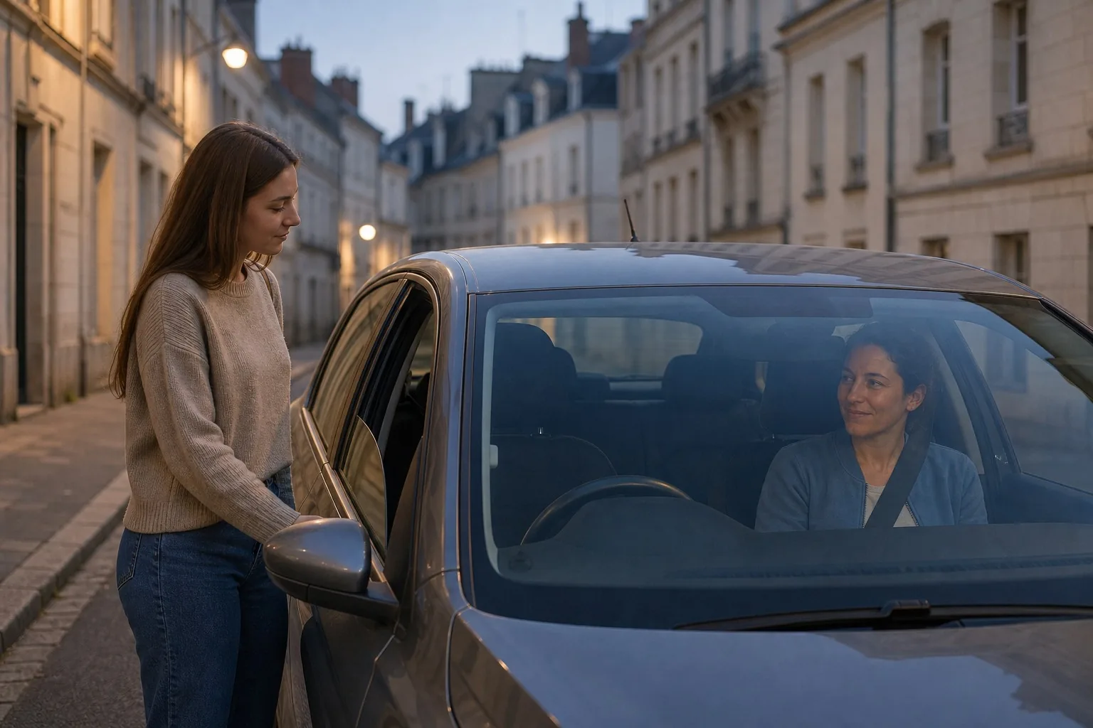 Élève souriante descendant de la voiture-école après une leçon réussie