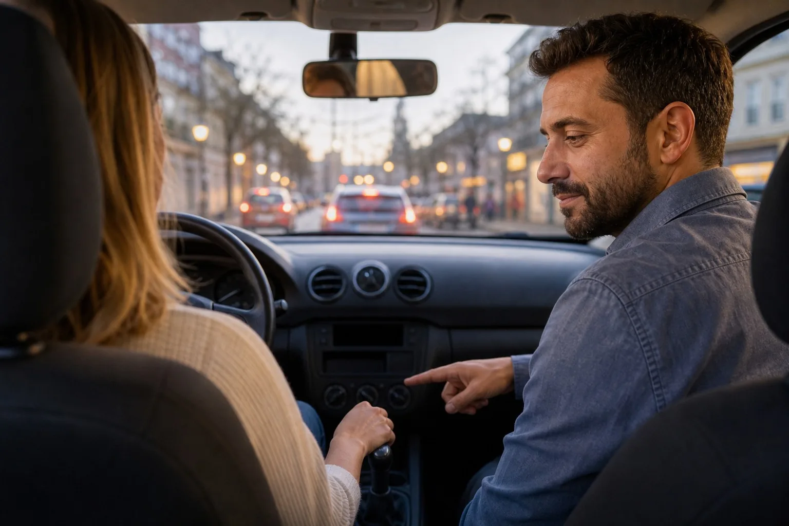 Élève passant une vitesse sous le regard du moniteur, en circulation