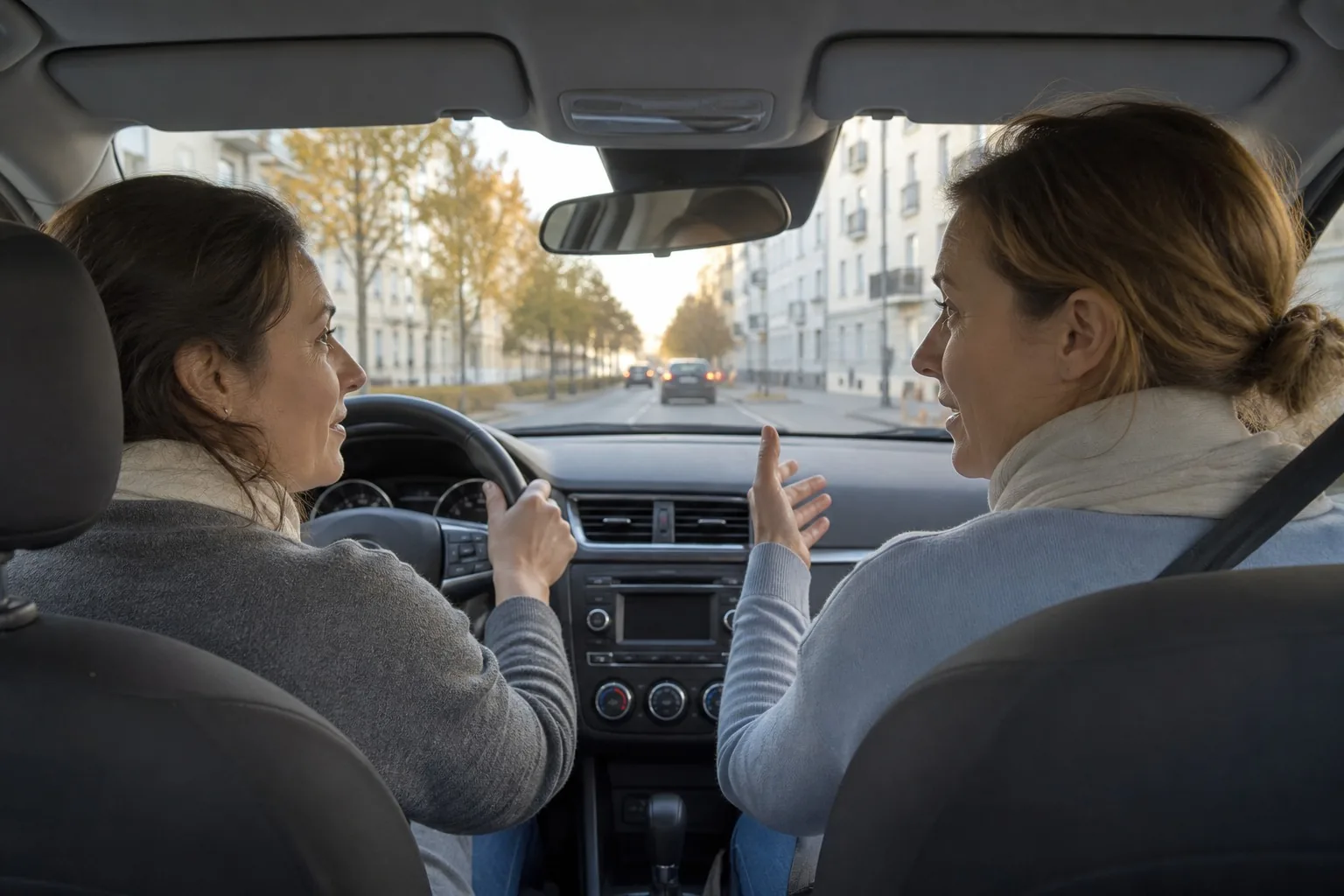 Conducteur adulte en conduite supervisée, accompagnatrice attentive à ses côtés