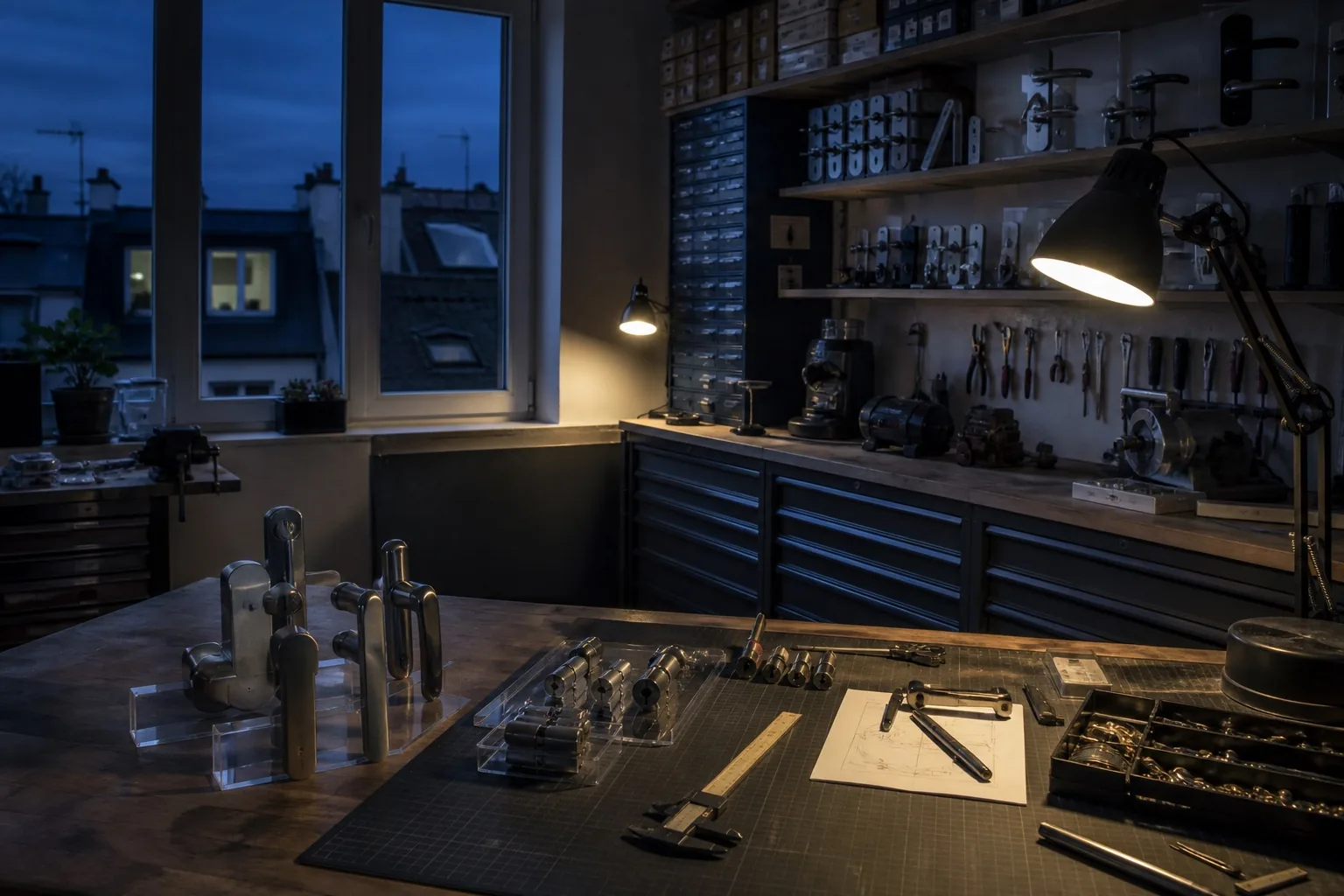 Atelier de serrurerie rangé avec cylindres et outils