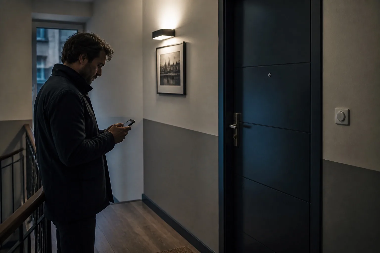 Habitante attendant dans un couloir éclairé sans poser pour la photo