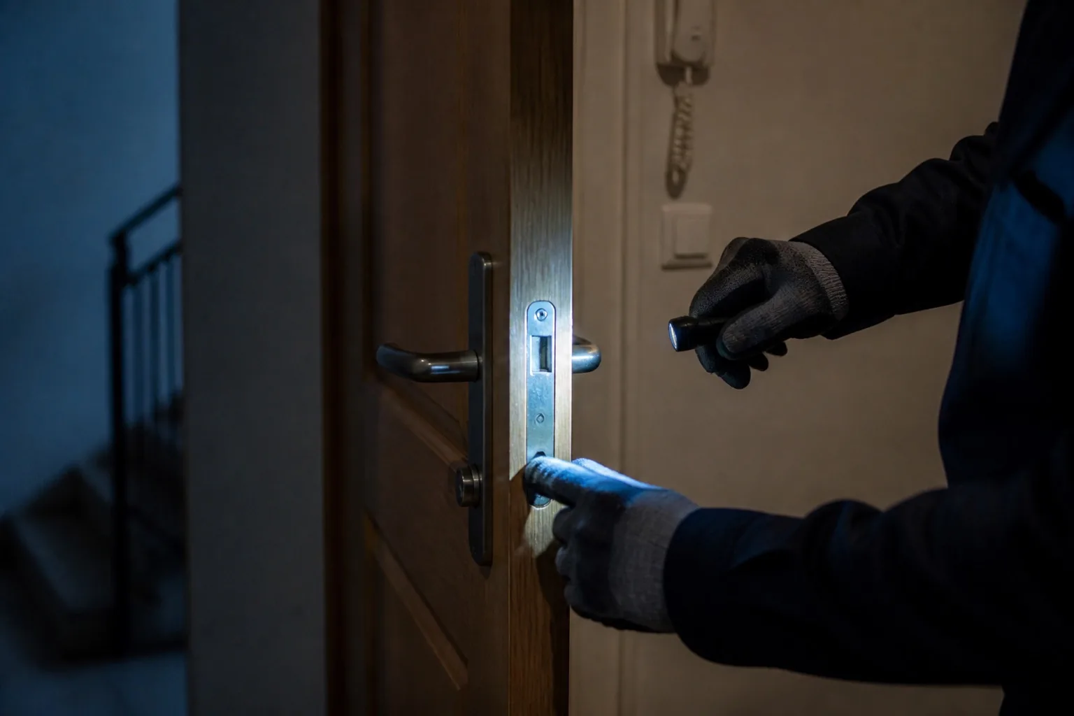 Main gantée utilisant un outil fin sur une serrure
