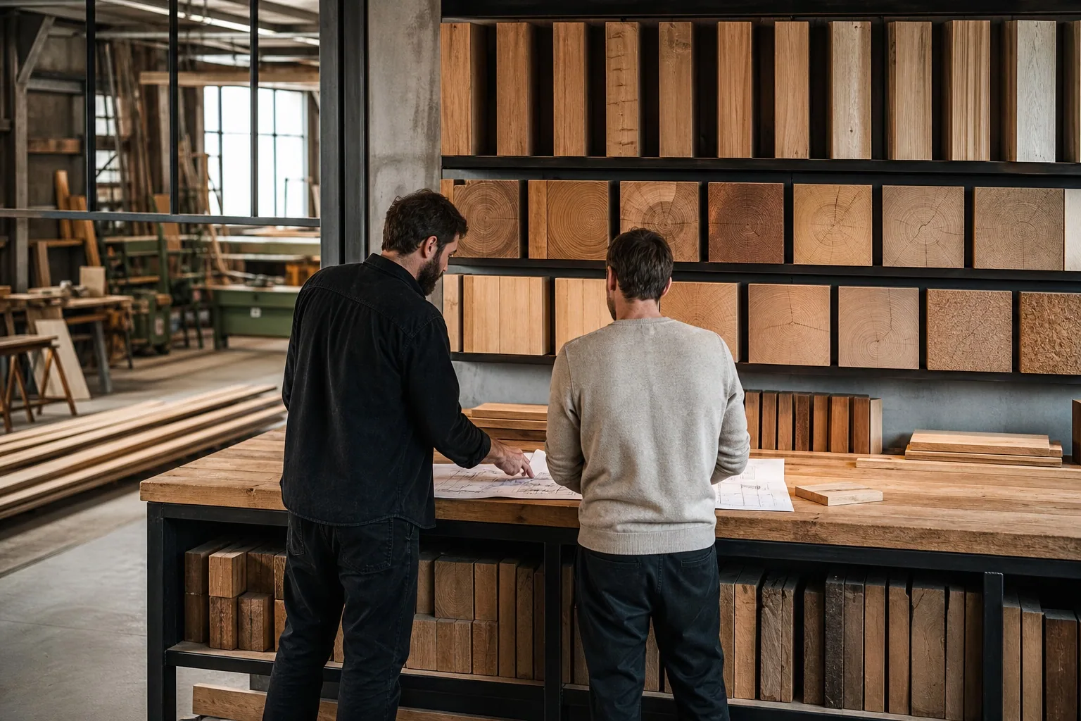 Comptoir d’échantillons de bois à l’atelier